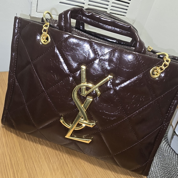 Yves Saint Laurent Glossy Brown Quilted Shoulder Bag with Gold Accents - Picture 1 of 3